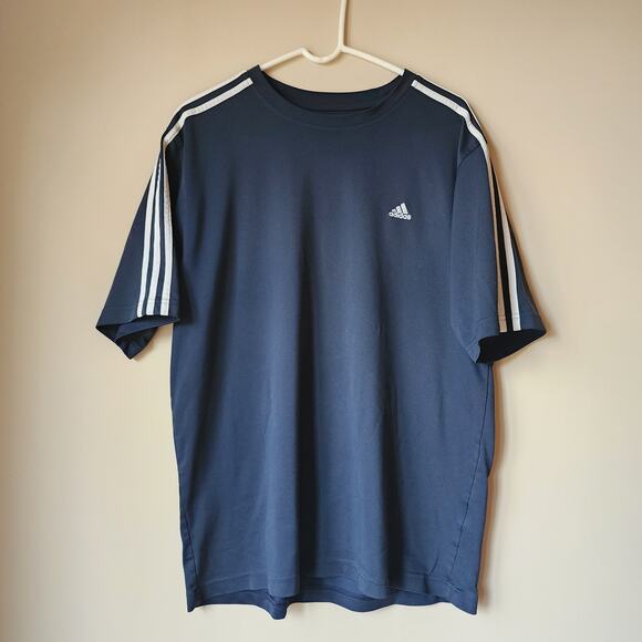 Adidas Shirt Mens Size XL Short Sleeve Embroidered Three Stripe Navy Blue Flaw - Picture 1 of 9